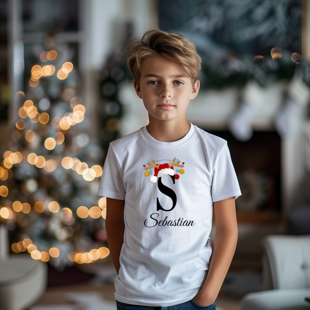 Weißes T-Shirt mit festlichem Design. Der Buchstabe ‚S‘ in Schwarz ist mit einem Weihnachtsmann-Hut und Rentiergeweihen verziert, an denen bunte Kugeln hängen. Darunter steht der Name ‚Sebastian‘ in eleganter, geschwungener Schrift. Perfekt für die Weihnachtszeit.