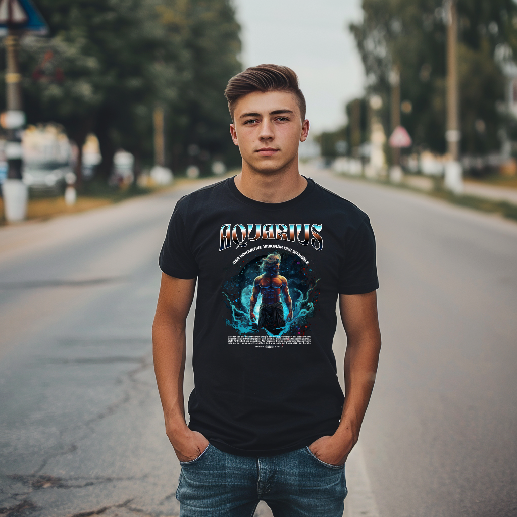 Ein junger Mann steht selbstbewusst auf einer Straße und trägt ein schwarzes T-Shirt mit astrologischem Design für das Sternzeichen Wassermann. Das Motiv zeigt eine muskulöse Figur, umgeben von Wasser und leuchtenden Farben. Über dem Bild steht der Schriftzug 'Aquarius', darunter der Slogan 'Der innovative Visionär der Freiheit' sowie eine kurze Beschreibung der Wassermann-Eigenschaften. Ein ideales Shirt für Wassermann-Geborene und Astrologie-Fans.