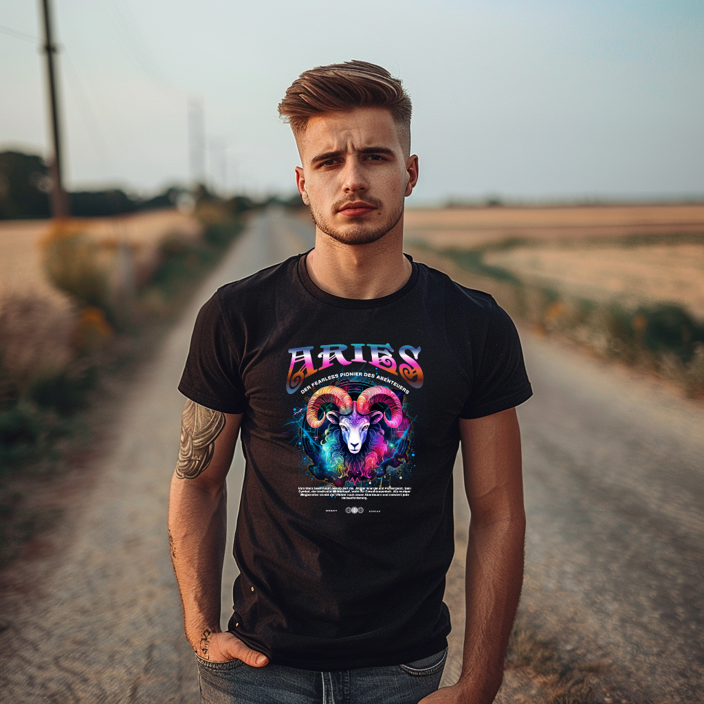 Ein junger Mann steht auf einem Feldweg und trägt ein schwarzes T-Shirt mit astrologischem Design für das Sternzeichen Widder. Das Motiv zeigt einen farbenfrohen Widderkopf, umgeben von leuchtenden Effekten. Über dem Bild steht der Schriftzug 'Aries', darunter der Slogan 'Der furchtlose Pionier der Abenteuer' sowie eine kurze Beschreibung der Widder-Eigenschaften. Ein markantes Shirt für Widder-Geborene und Astrologie-Enthusiasten.