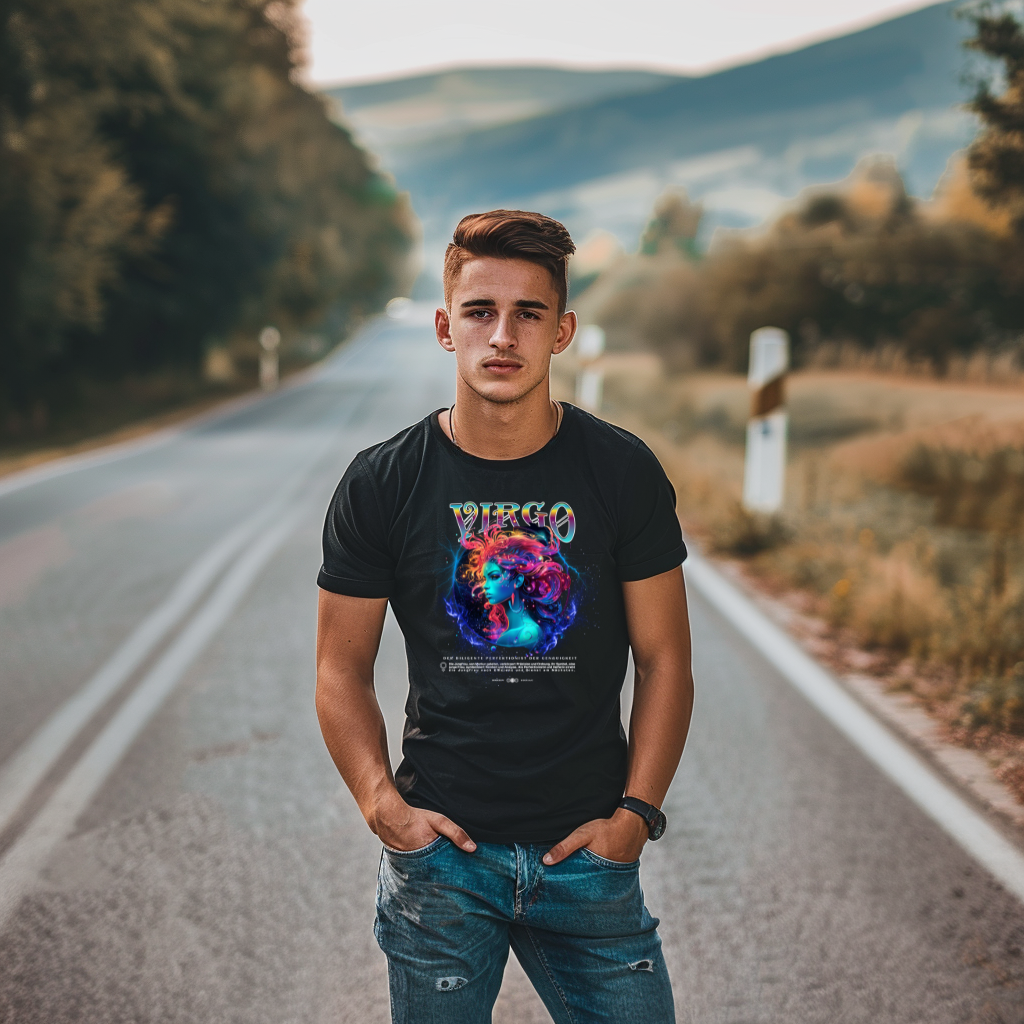 Ein junger Mann steht auf einer Landstraße und trägt ein schwarzes T-Shirt mit astrologischem Design für das Sternzeichen Jungfrau. Das Motiv zeigt ein kunstvoll gestaltetes Gesicht in leuchtenden Farben, umgeben von abstrakten Effekten. Über dem Bild steht der Schriftzug 'Virgo', darunter eine kurze Beschreibung der Jungfrau-Eigenschaften. Perfekt für Jungfrau-Geborene und Astrologie-Fans.