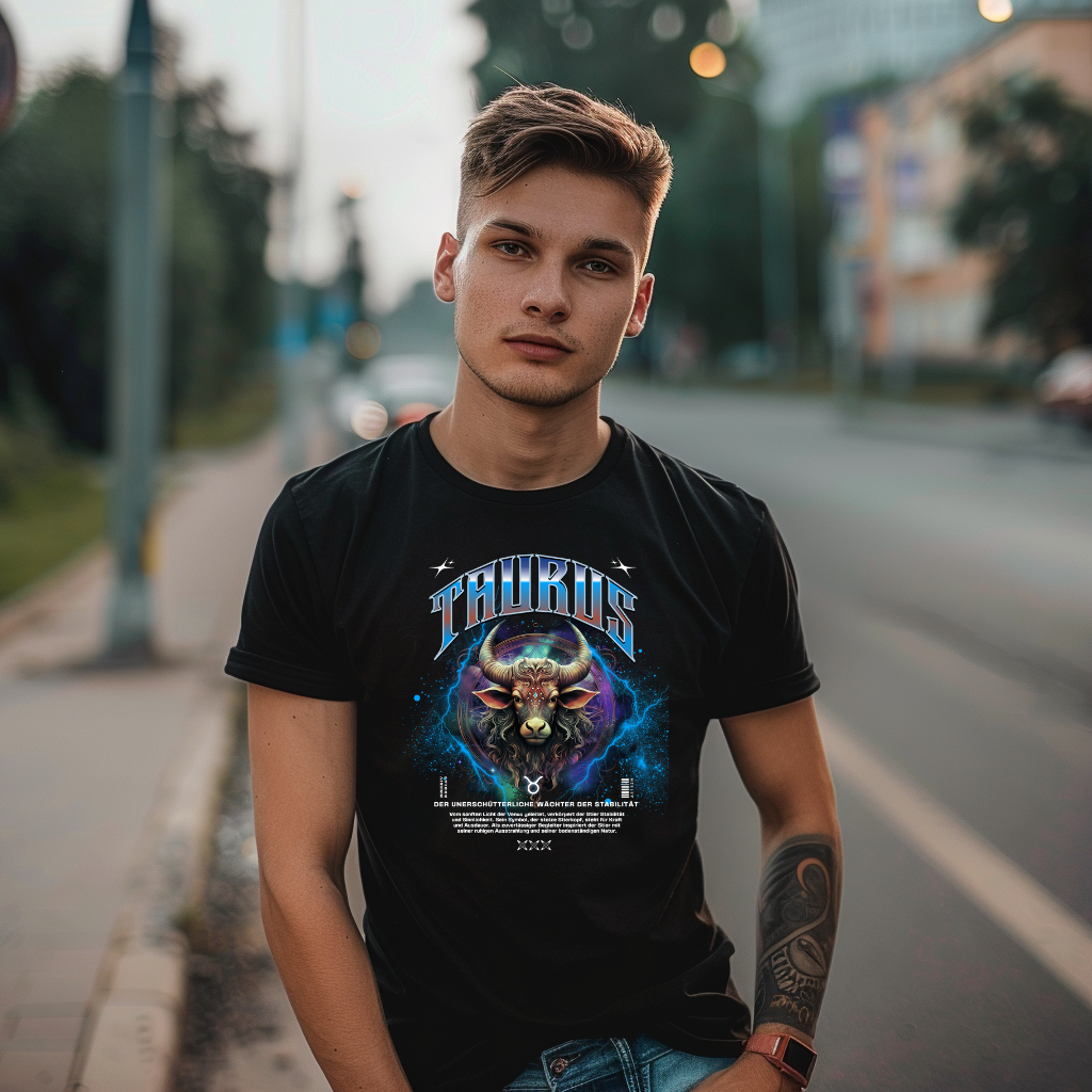 Ein junger Mann steht lässig auf einer Straße und trägt ein schwarzes T-Shirt mit astrologischem Design für das Sternzeichen Stier. Das Motiv zeigt einen imposanten Stierkopf in leuchtenden Farben, umgeben von einem elektrisierenden Hintergrund. Über dem Stierkopf steht der Schriftzug 'Taurus', darunter der Slogan 'Der unerschütterliche Wächter der Stabilität'. Ein ideales Shirt für Stier-Geborene und Astrologie-Fans.