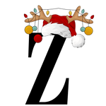 Weihnachtliches Design mit einem großen Buchstaben 'Z', dekoriert mit einem Weihnachtsmann-Hut, Rentiergeweih und bunten Kugeln einer Lichterkette. Festliche und personalisierte Gestaltungsidee für die Weihnachtszeit. 