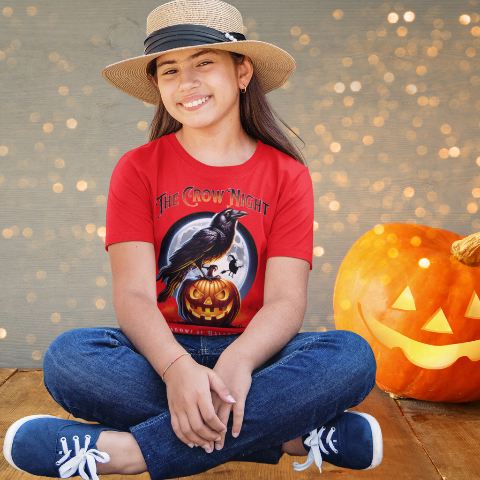 Ein Mädchen sitzt lächelnd auf dem Boden und trägt ein rotes T-Shirt mit einem Halloween-Motiv. Auf dem T-Shirt ist eine schwarze Krähe abgebildet, die auf einem leuchtenden Kürbis sitzt, umgeben von einem Vollmond und einer Fledermaus. Neben dem Mädchen steht ein großer geschnitzter Kürbis, der wie eine Jack-O'-Lantern leuchtet. Die Szene vermittelt eine fröhliche Halloween-Stimmung, unterstrichen durch das Design des Shirts mit der Aufschrift „The Crow Night“ und „Shadows of Halloween“.