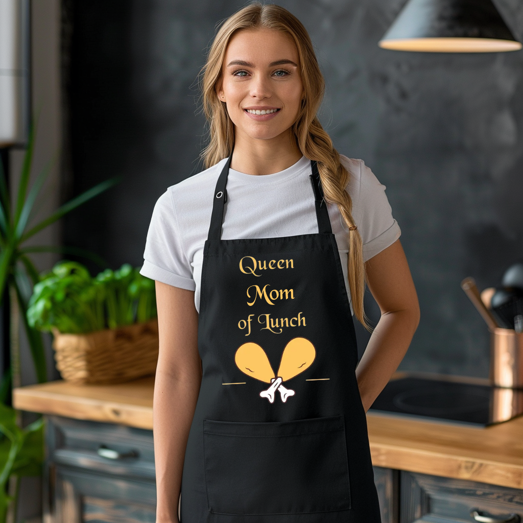 Das Bild zeigt eine junge Frau, die eine schwarze Schürze trägt. Auf der Schürze steht in goldener Schrift „Queen Mom of Lunch“. Der Name "Mom" ist personalisiert. Unter dem Schriftzug befinden sich zwei gekreuzte Hähnchenschenkel, die dem Design eine humorvolle und charmante Note verleihen. Die Schürze hat eine elegante und praktische Ausstrahlung, perfekt für die Küche oder das Grillen. Der Name „Mom“ kann personalisiert werden, um die Schürze individuell anzupassen.